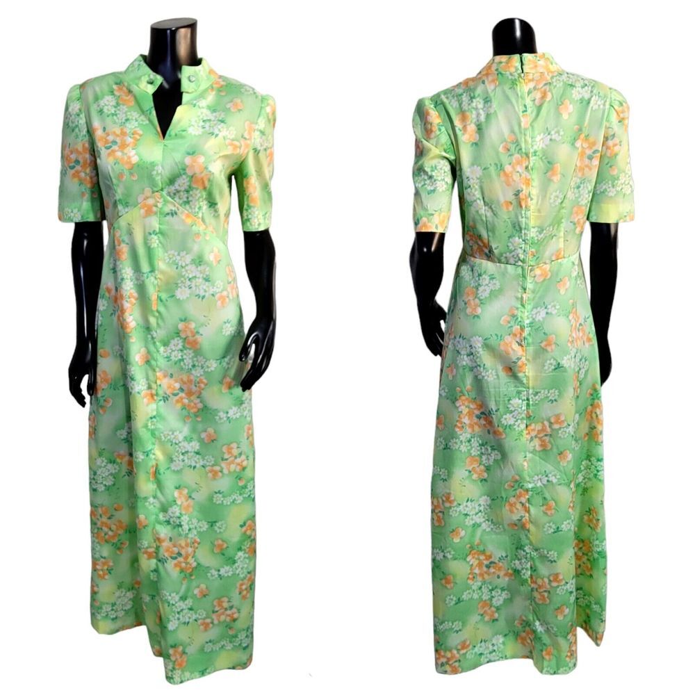Vintage 70s Green Crepe Polyester Spring Floral Tiki Empire‎ Waist Maxi Dress